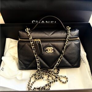 Chanel Black Caviar Slim  Vanity With Chain.